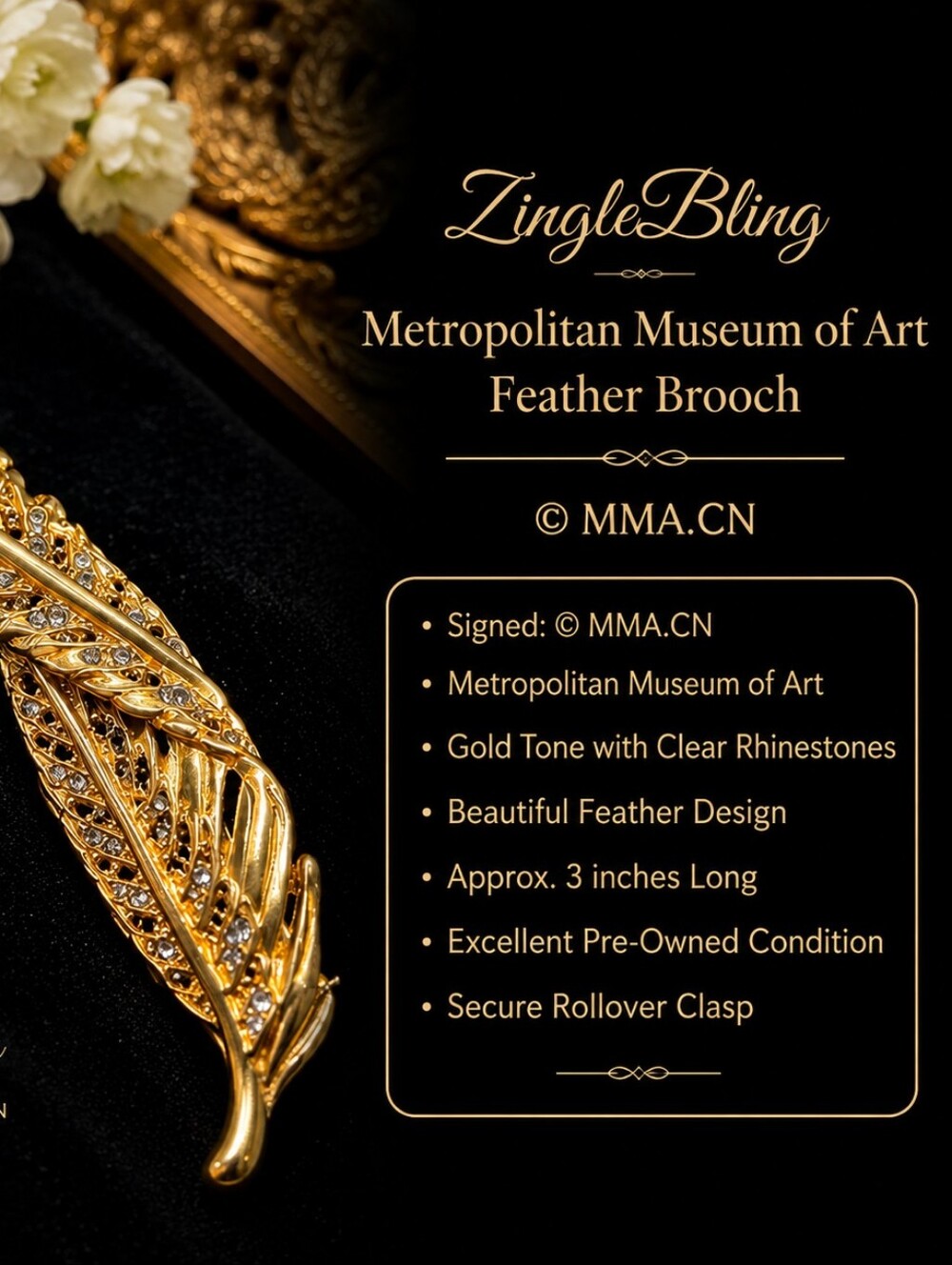 Metropolitan Museum of Art MMA Gold Feather Brooch Rhinestone Pin Signed Museum